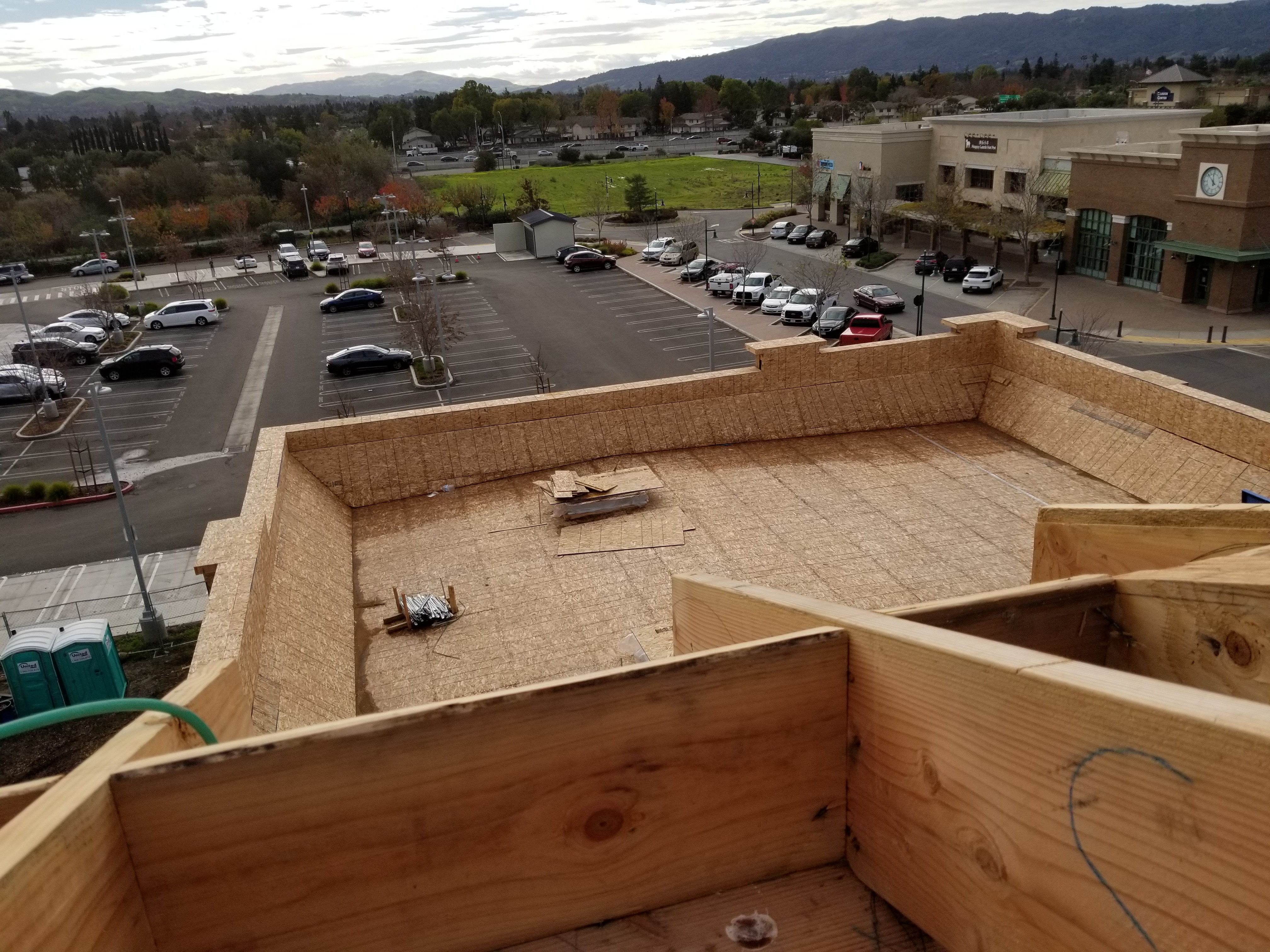 Roof framing aerial view multi story