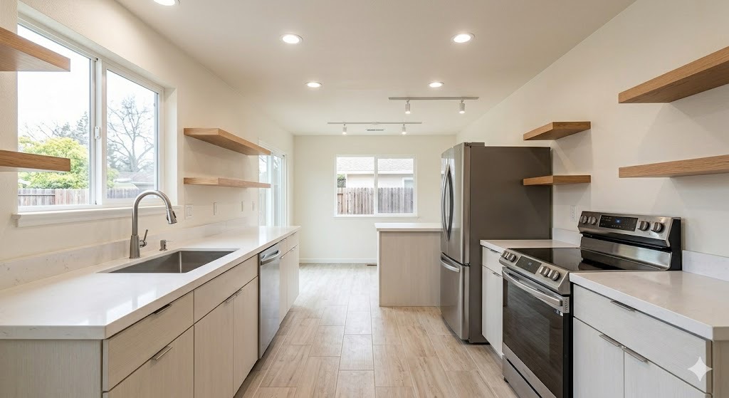 Kitchen after open shelves light