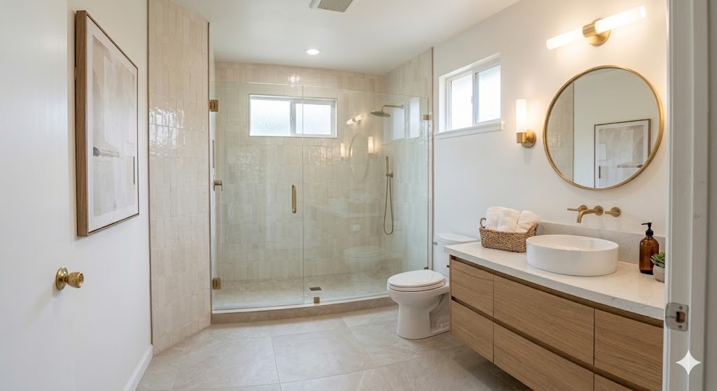 Bathroom after warm beige gold vessel sink