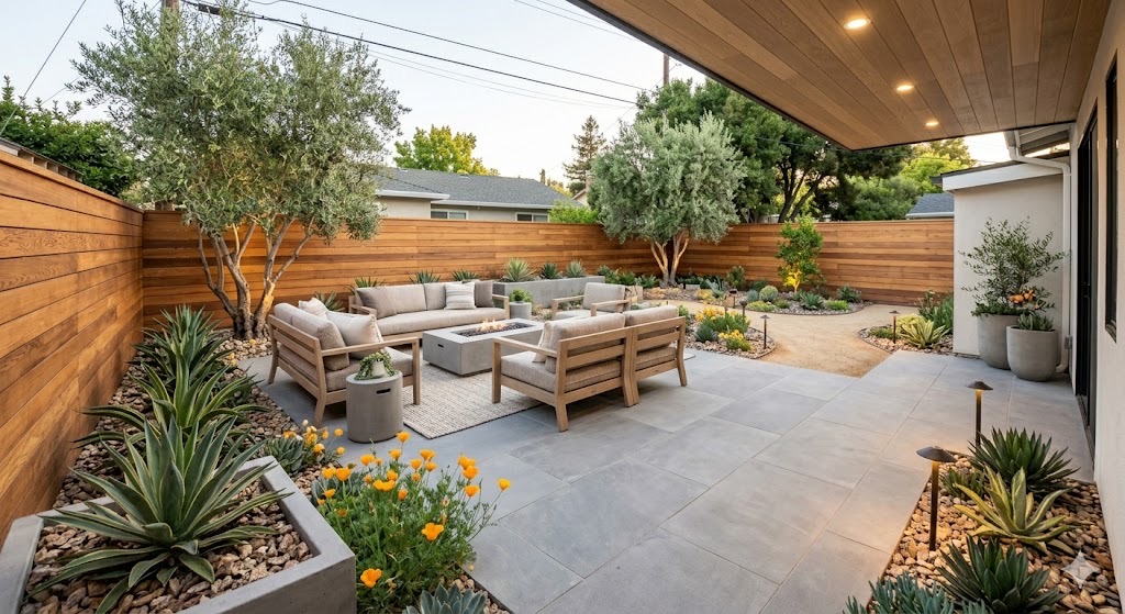 Backyard after patio fire pit landscaping