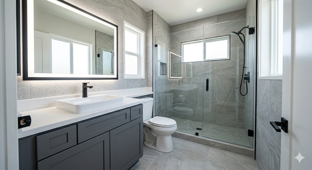 Bathroom after gray tile black fixtures