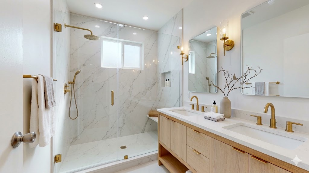 Bathroom after marble gold fixtures